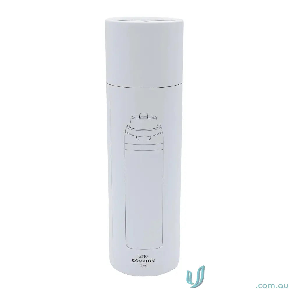 White cylindrical stainless steel Compton 700ml drink bottle with powder coat and lift-up handle