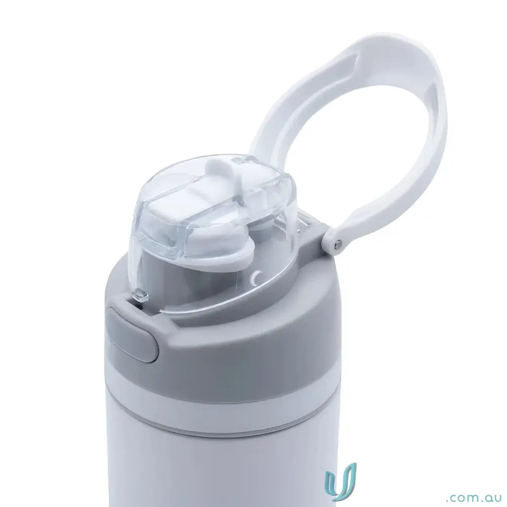 White stainless steel water bottle with powder coat finish and lift-up handle