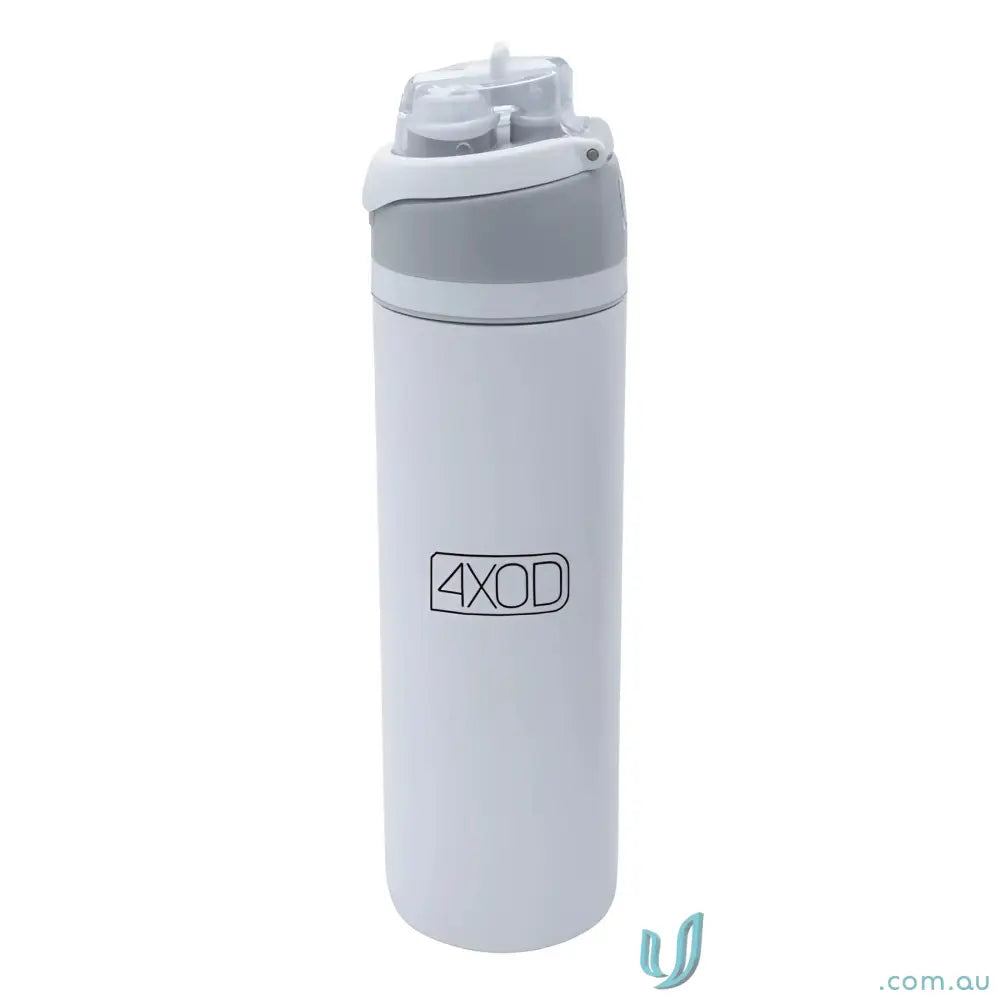 White stainless steel water bottle with gray powder coat and lift-up handle