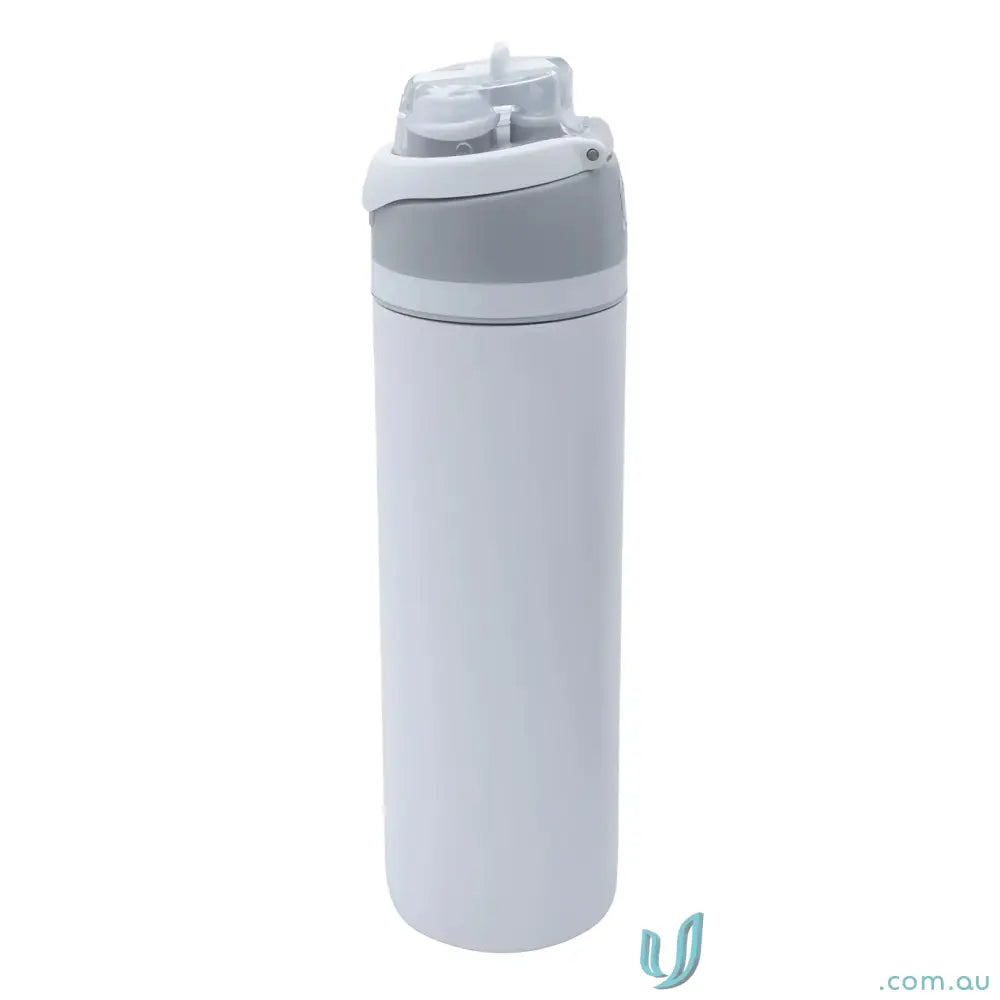 White water bottle with gray accents, powder coat finish, and lift-up handle in stainless steel