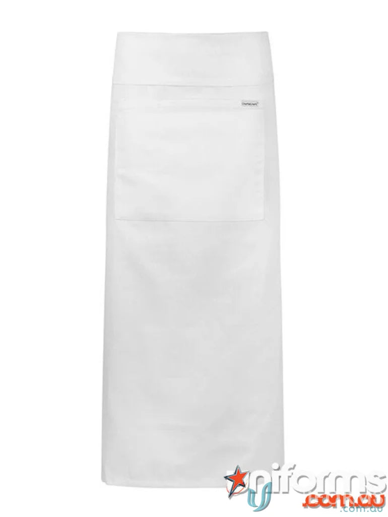 White full-length apron with front pocket, perfect for workwear and uniforms