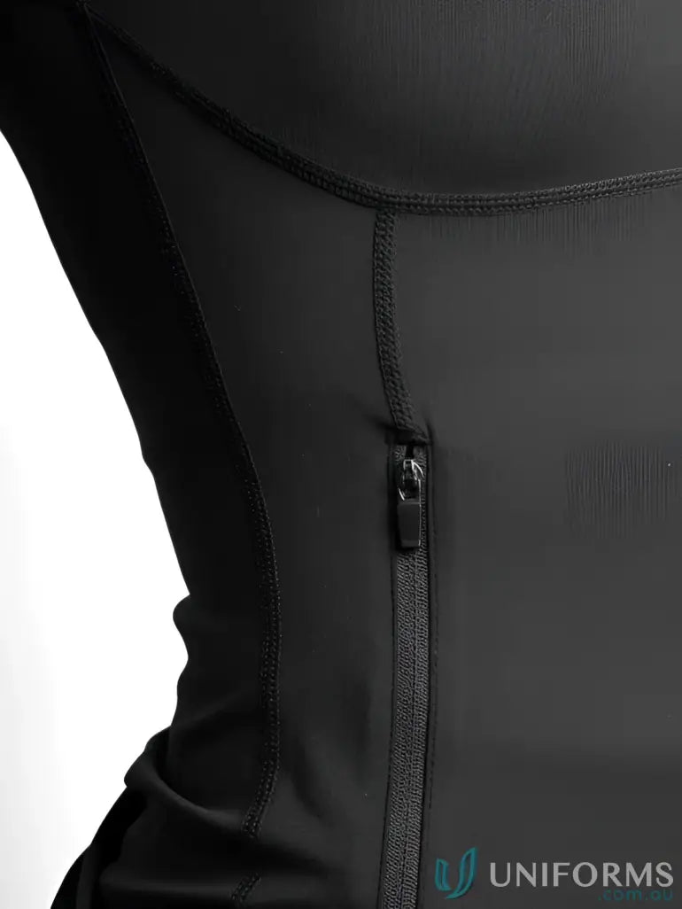 Black stretchy contour zip jacket with side zipper detail perfect for comfortable work uniforms and workwear