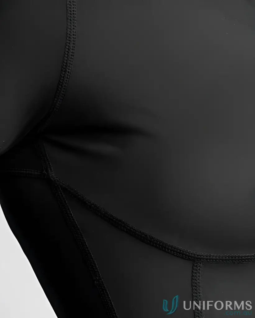 Black athletic leggings with cover stitching design paired with Contour Zip Jacket featuring high neck collar