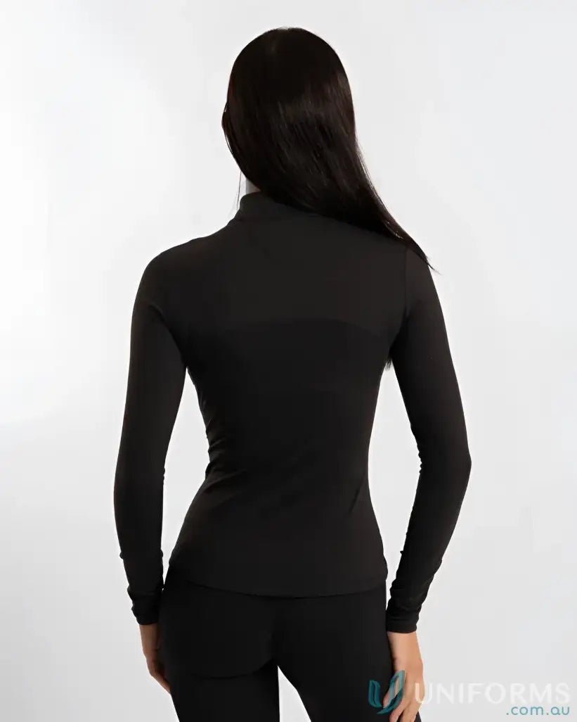 Black long-sleeved turtleneck top from Contour Zip Jacket with high neck collar and cover stitching design