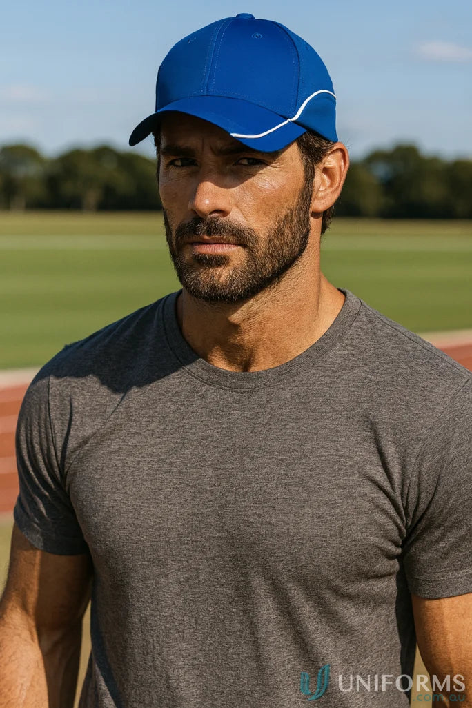 Man in blue baseball cap with white stripe and dark grey tee, ch21 contrast lining