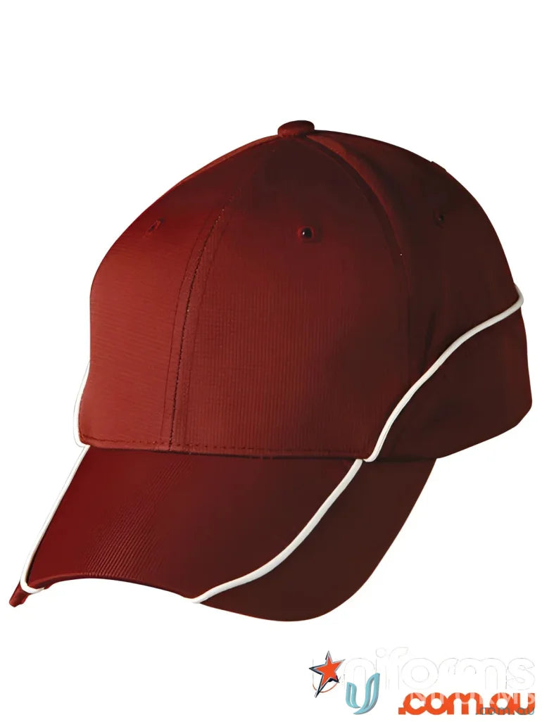 Maroon baseball cap with white trim featuring ch21 contrast lining and polyester mesh lining