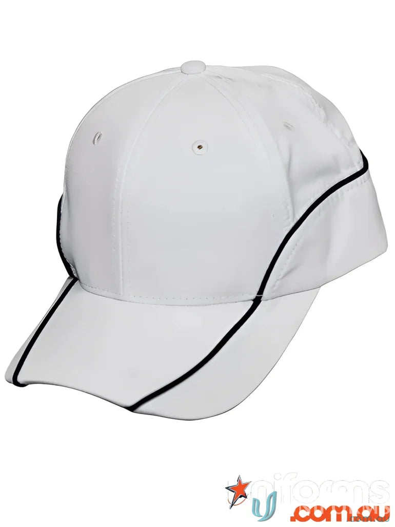 White baseball cap with black trim showcasing ch21 contrast lining and polyester mesh lining