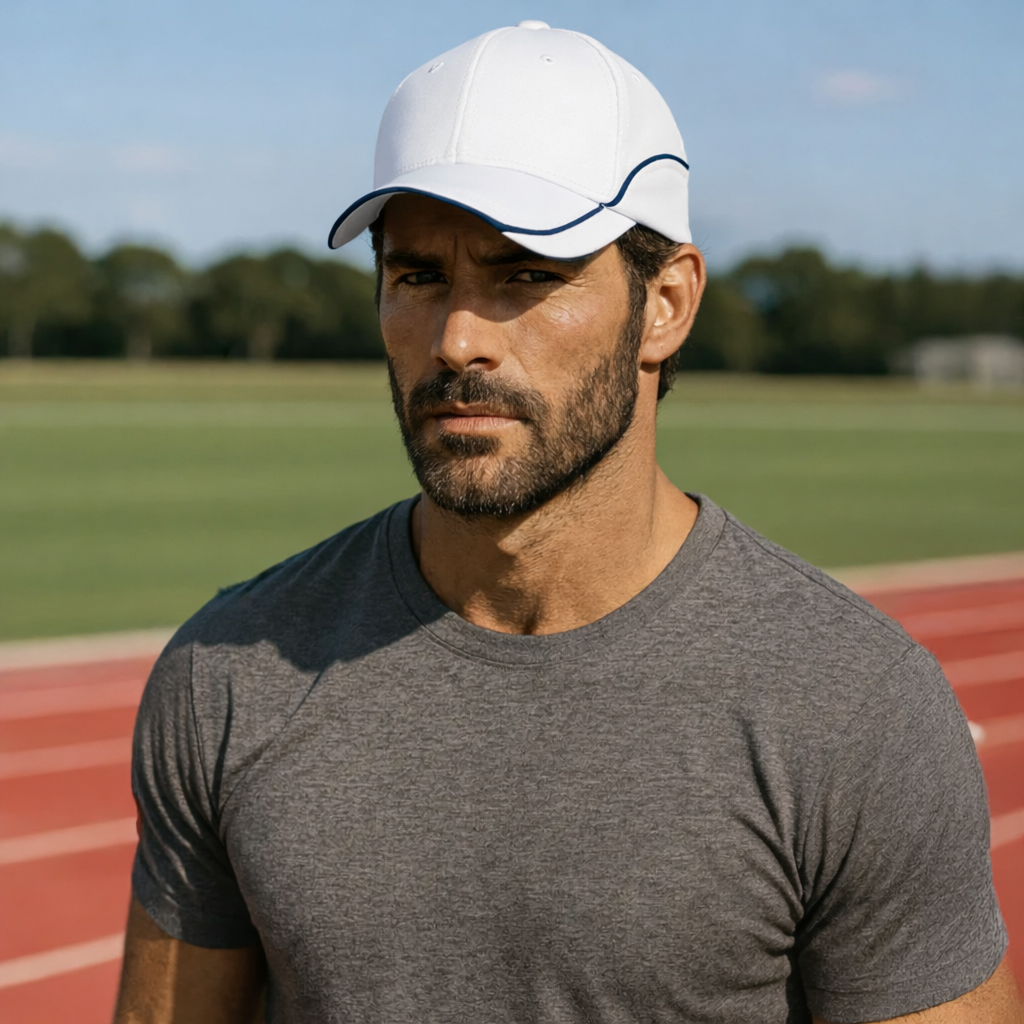 White Contrast Lining Cap with navy blue trim and polyester mesh lining