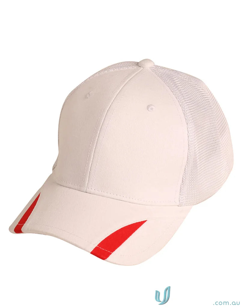 White baseball cap with red accents featuring contrast peak trim from Winning Spirit Contrast