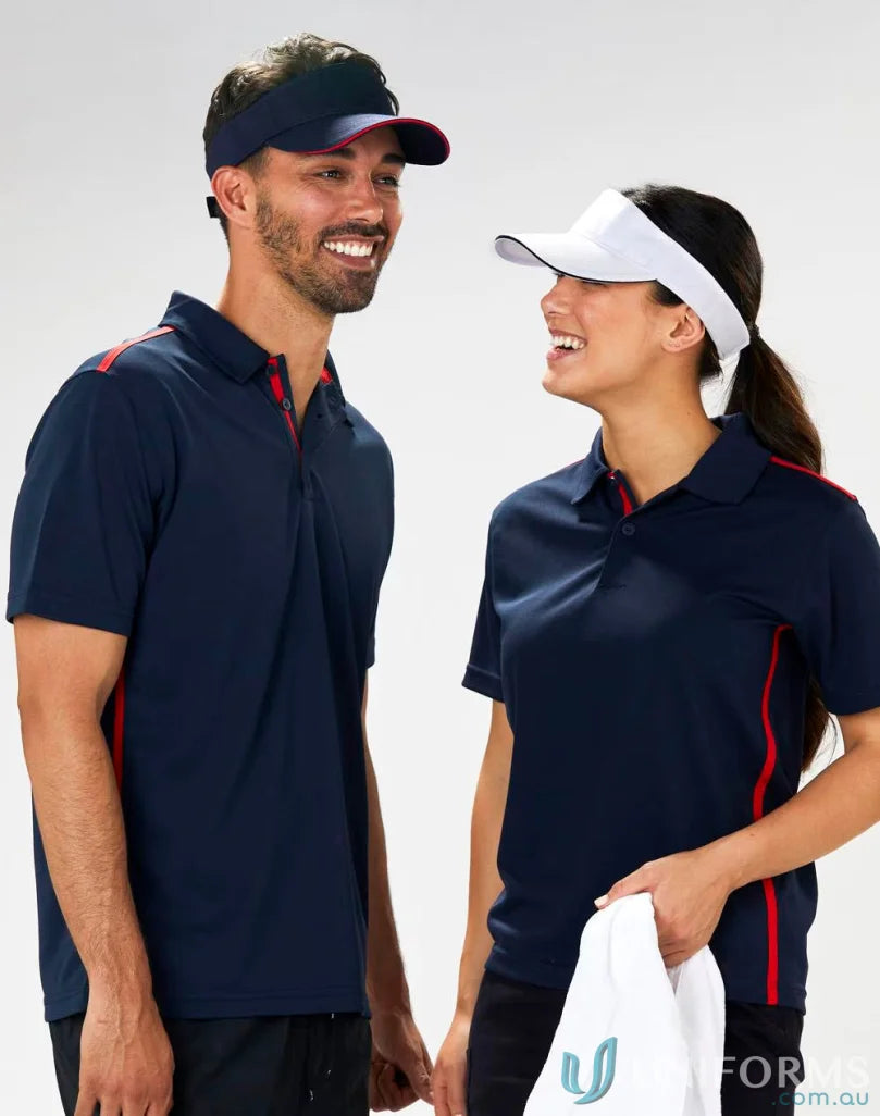 Matching navy polo shirts and contrast sandwich visor from Winning Spirit Contrast series