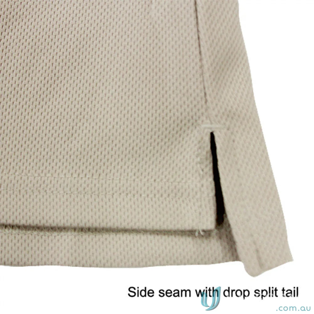 Beige fabric with side seam and split tail on Cool Dry LS Polo featuring contrast trim
