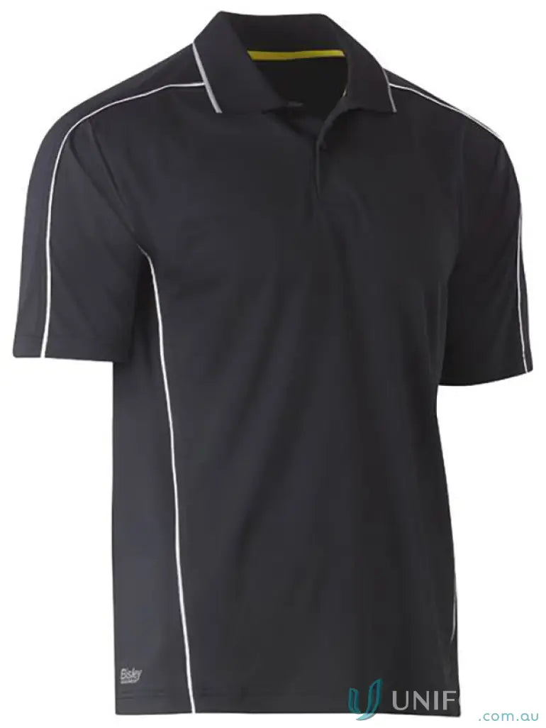 Black men’s cool mesh polo shirt with reflective piping for staying cool and stylish
