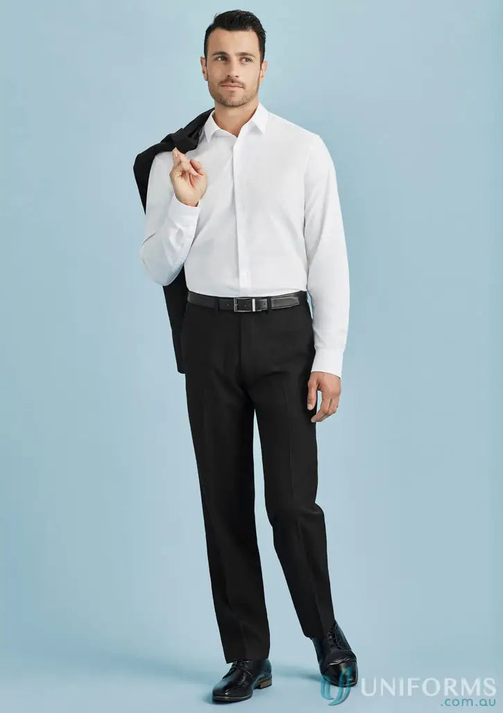 Man in formal outfit wearing Cool Stretch Adjustable Waist Pant with hidden elastic waistband
