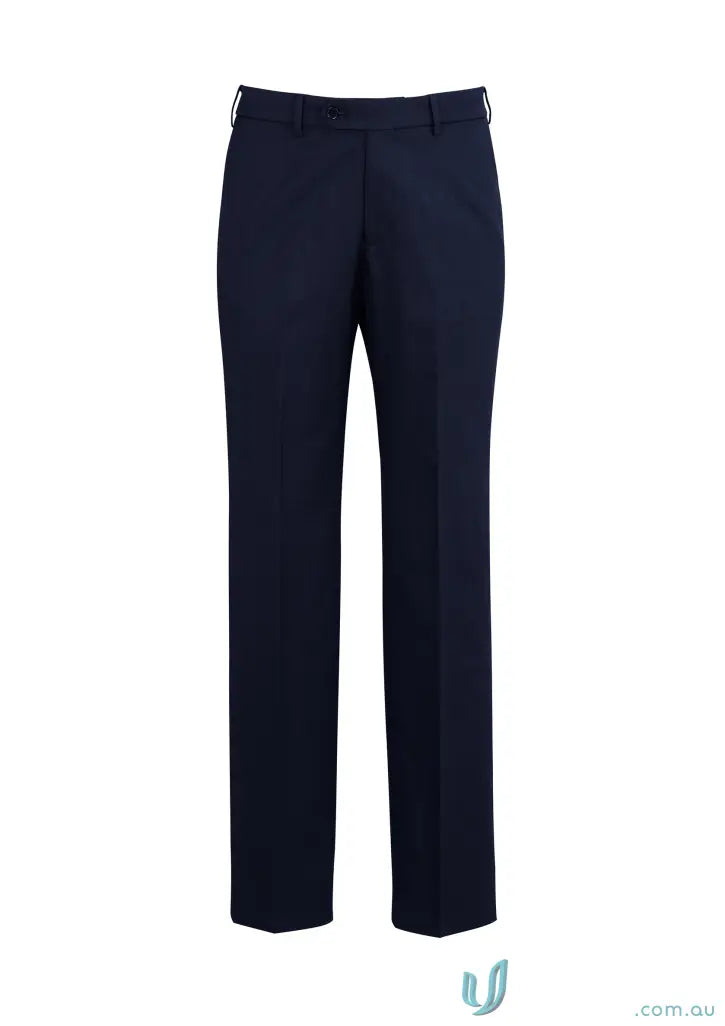Navy blue cool stretch suiting adjustable waist pant with hidden elastic waistband