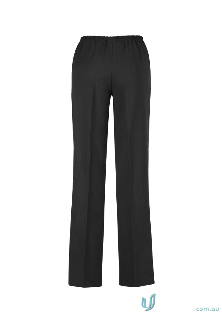Black women’s dress pants with elastic waist, cool stretch easy fit straight leg style