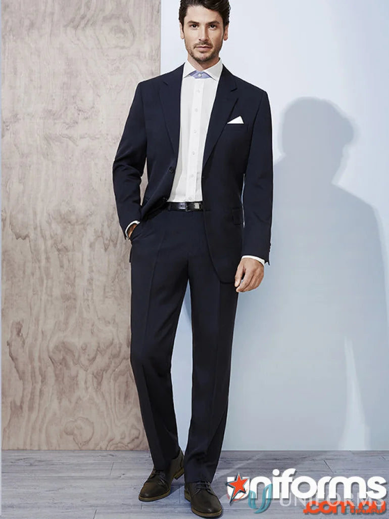 Navy blue cool stretch flat front pant perfect for stylish workwear in customer-facing roles