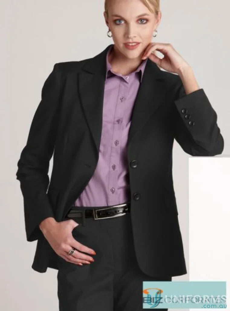 Woman in black business suit with lavender shirt wearing cool stretch longline ladies jacket