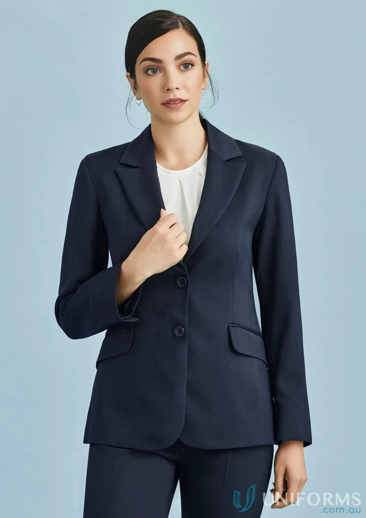 Cool stretch longline ladies jacket with navy blue business suit and white blouse