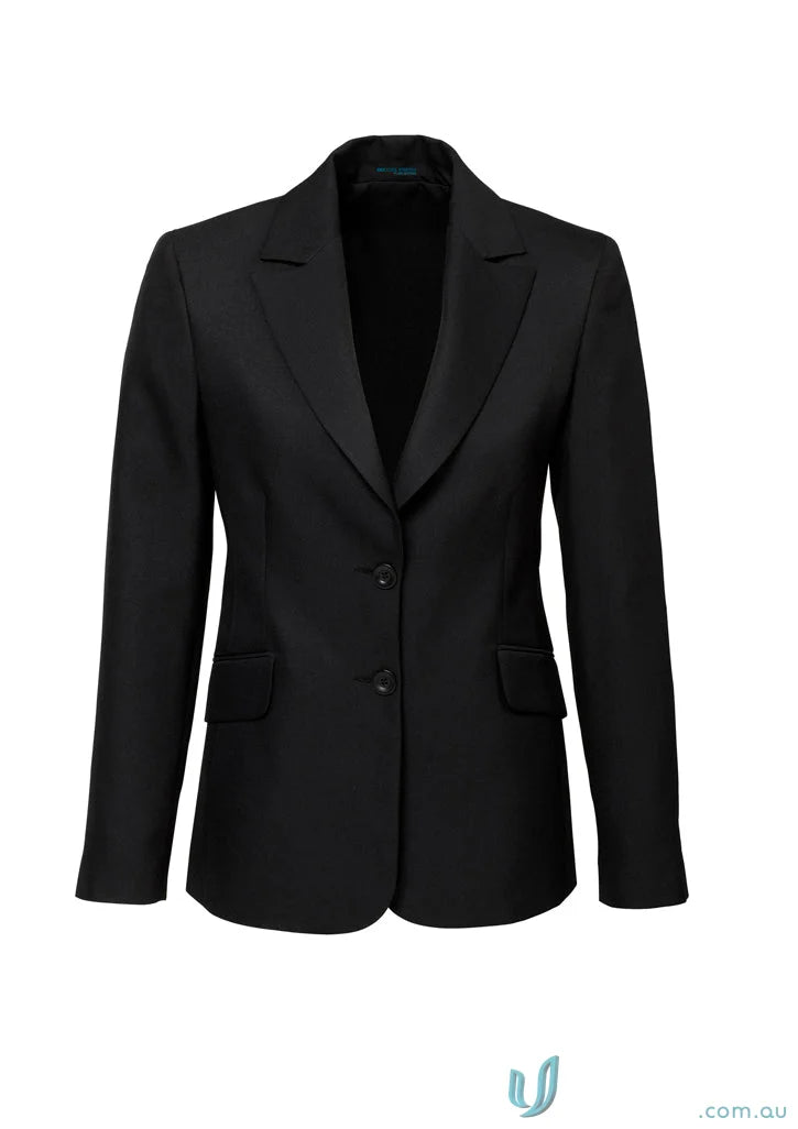 Black cool stretch longline ladies jacket with notched lapels and flap pockets