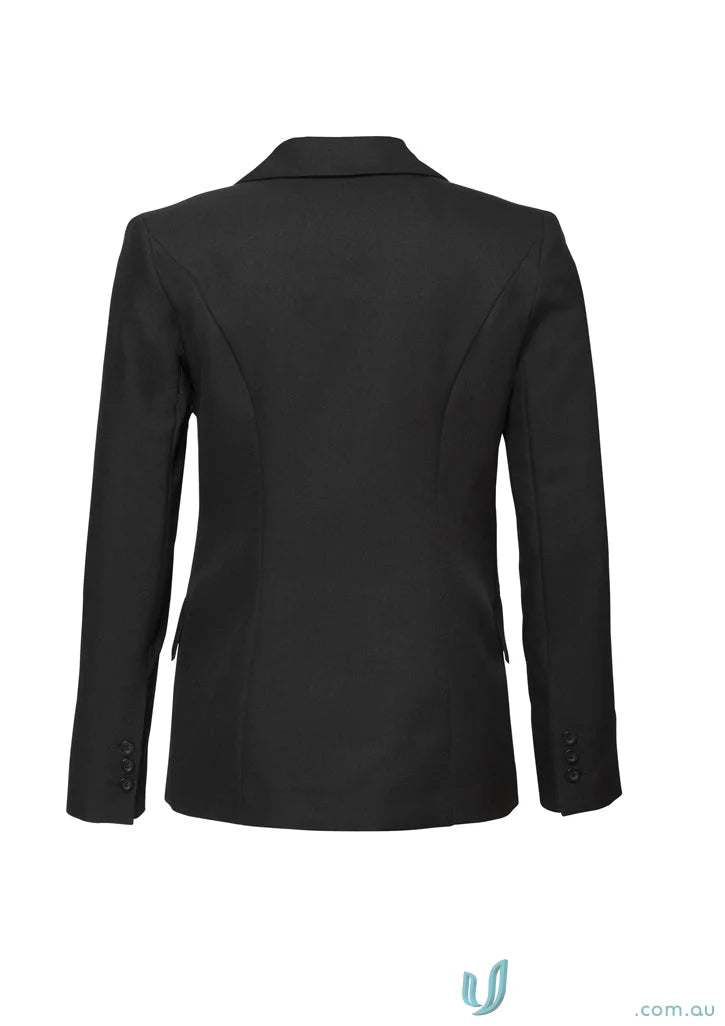 Black women’s blazer with notched lapel and three sleeve buttons, cool stretch longline ladies jacket
