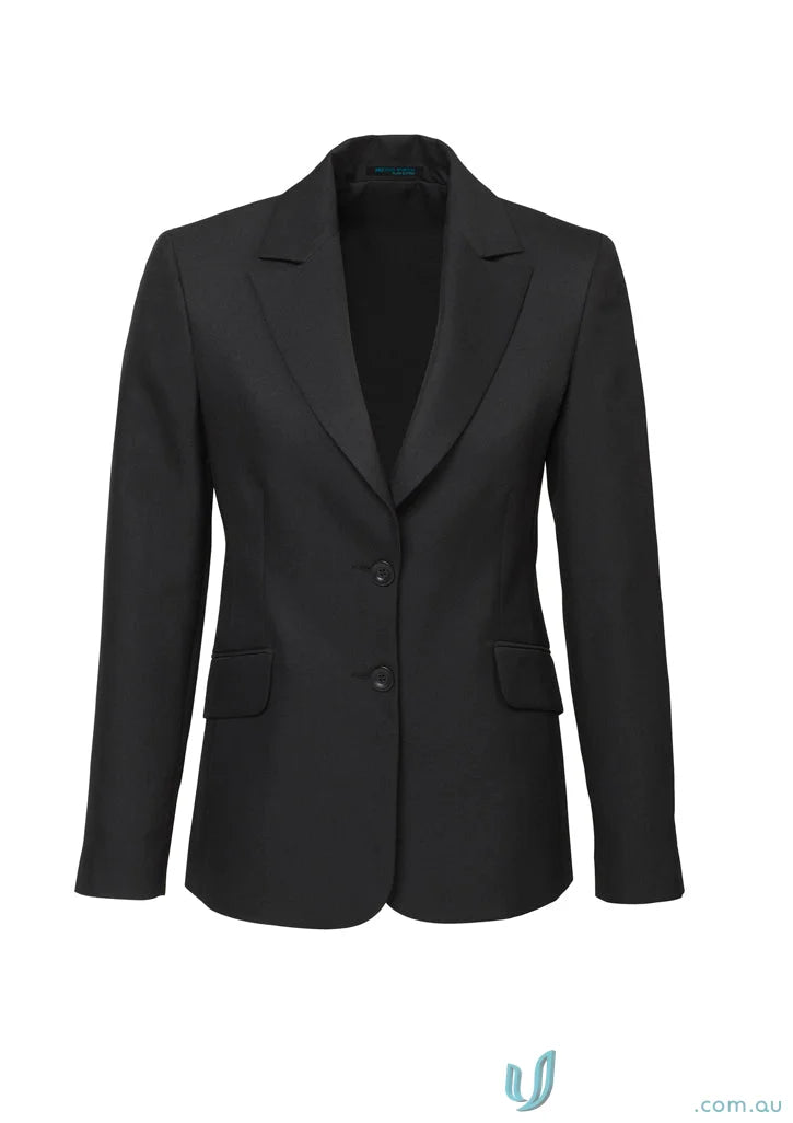 Black women’s cool stretch longline ladies jacket biz collection with buttons and pockets