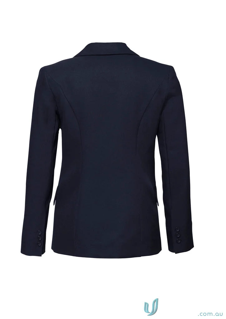 Dark blue cool stretch longline ladies jacket with notched lapel and buttoned cuffs