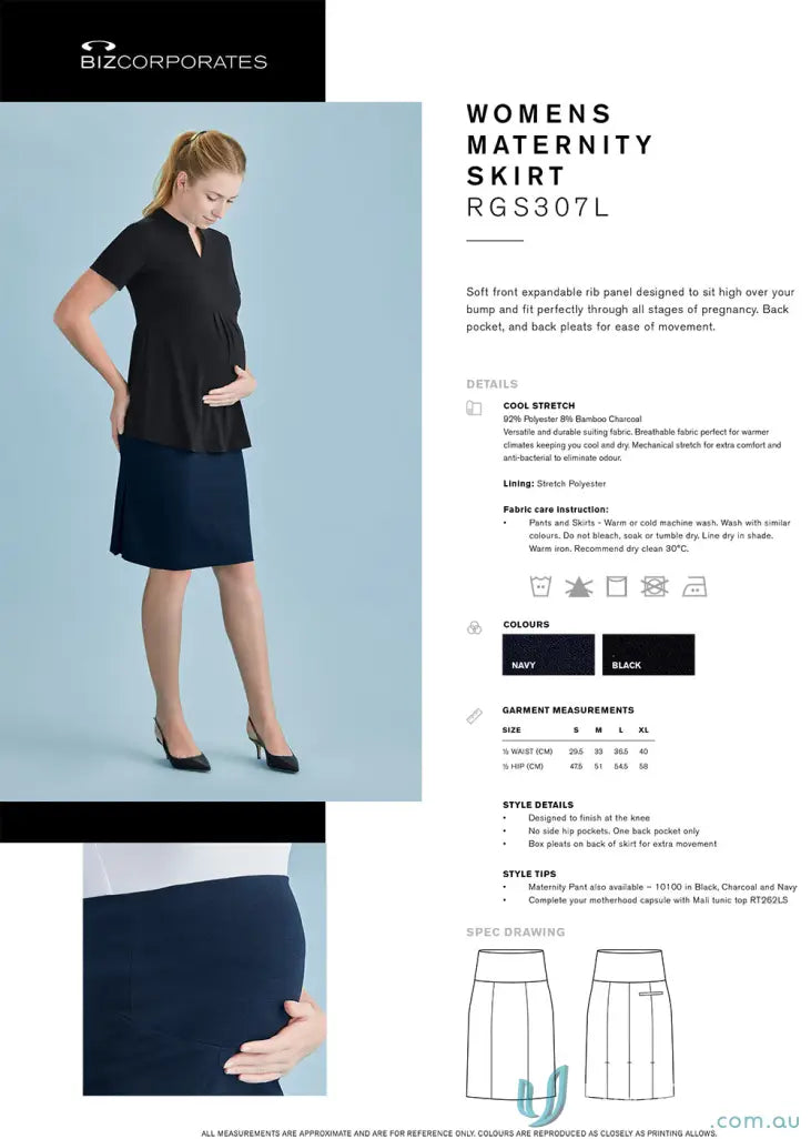 Cool stretch maternity skirt with expandable rib panel for style meets support during pregnancy