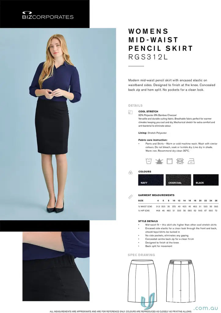 Cool stretch mid waist pencil skirt for women with concealed zip and hem split in navy, charcoal, black