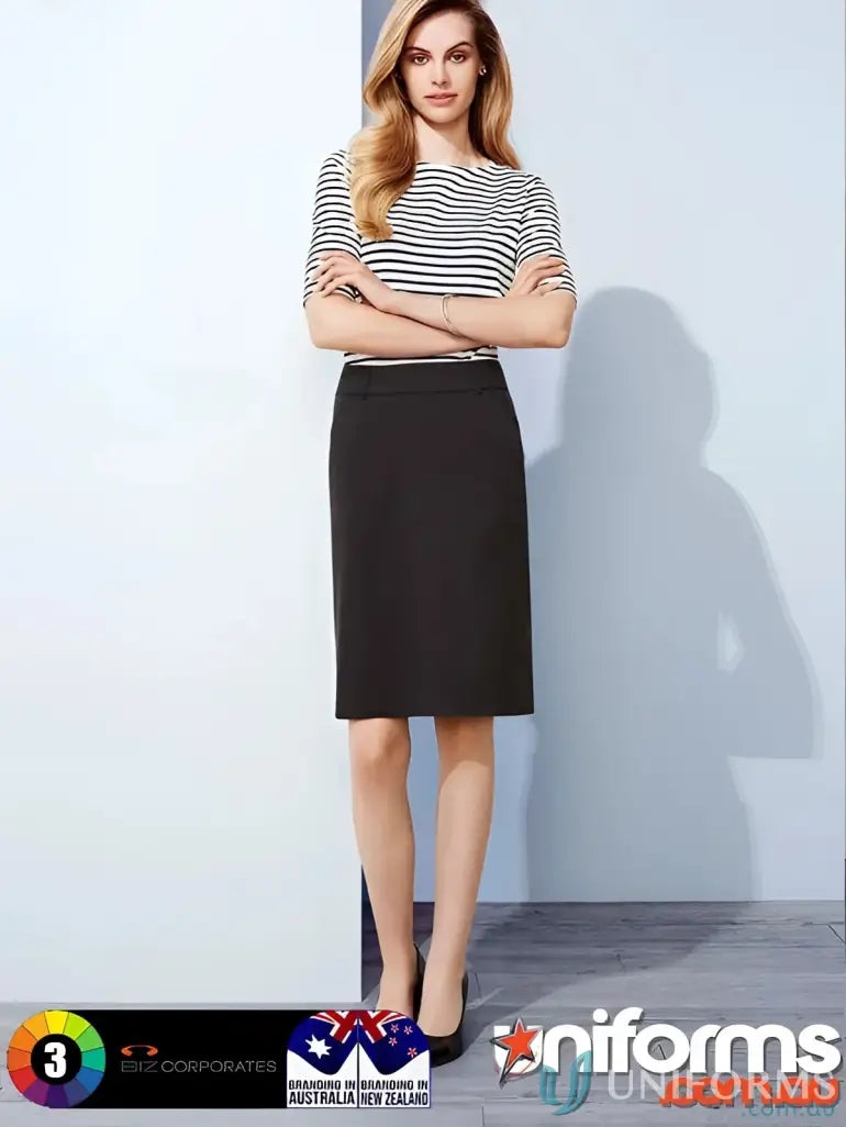 Woman wearing cool stretch bamboo charcoal stretch multi-pleat skirt in online fashion shop