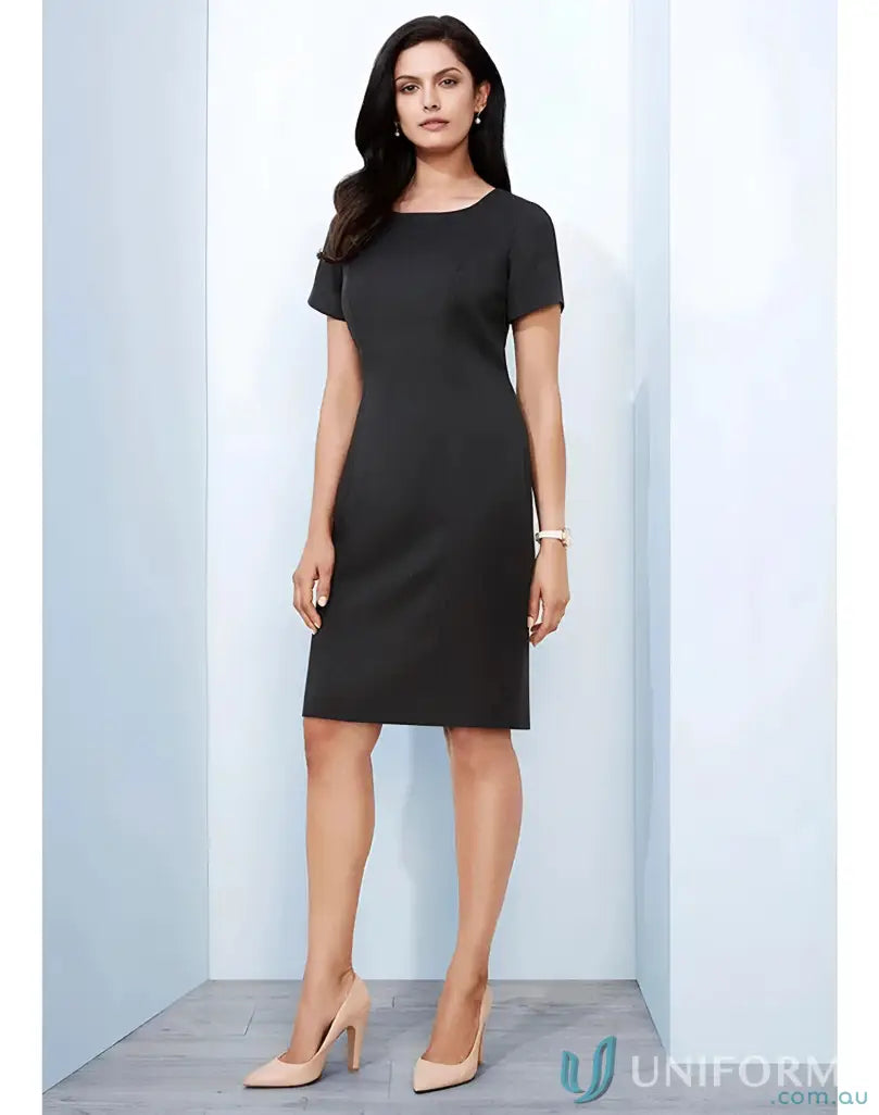 Black sheath dress in Cool Stretch Shift Dress made with bamboo charcoal eco-friendly materials