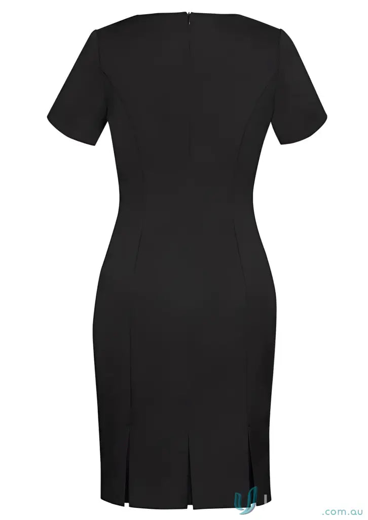 Black short-sleeved sheath dress in cool stretch shift style made with bamboo charcoal eco-friendly materials from Biz Collection