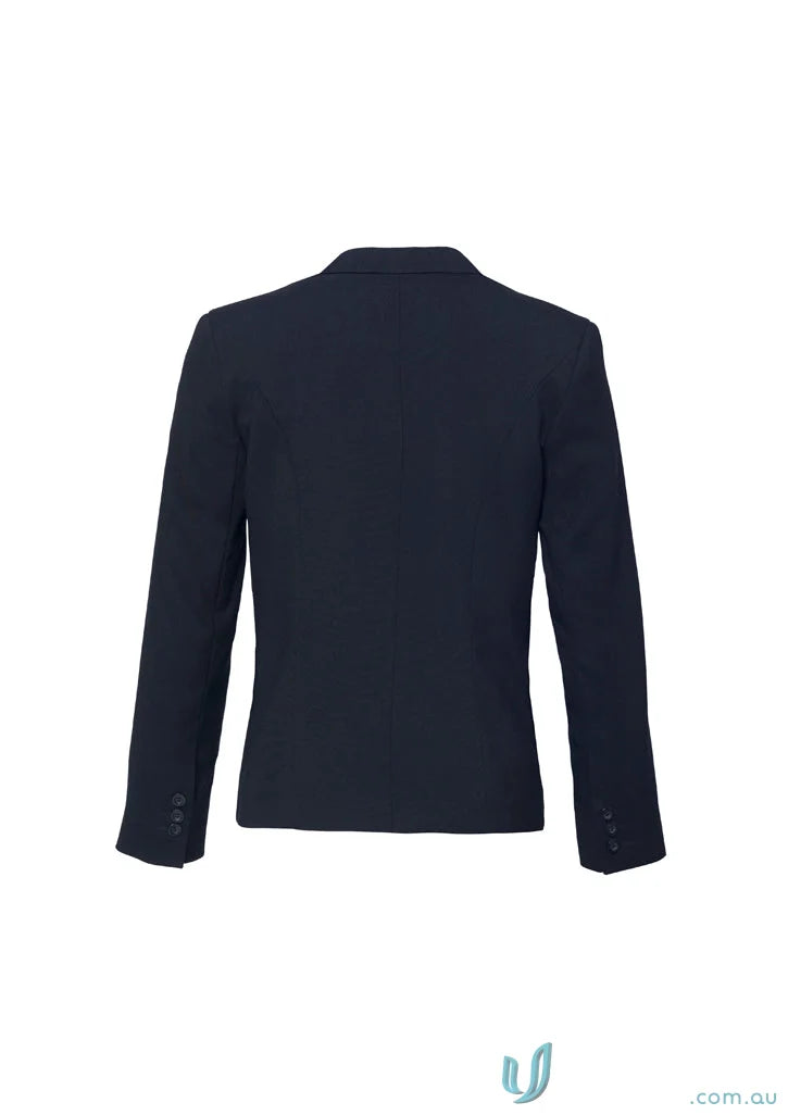 Dark navy blue cool stretch short blazer with reverse lapel from Biz Collection Cool