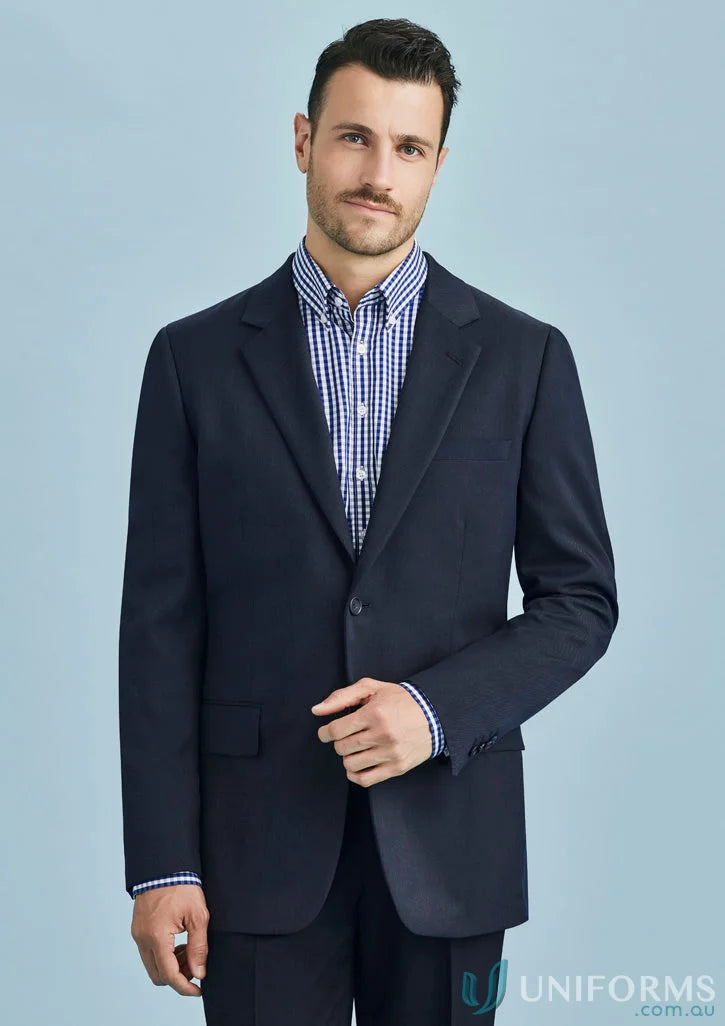 Man in navy cool stretch classic stretch single breasted jacket for front-facing roles