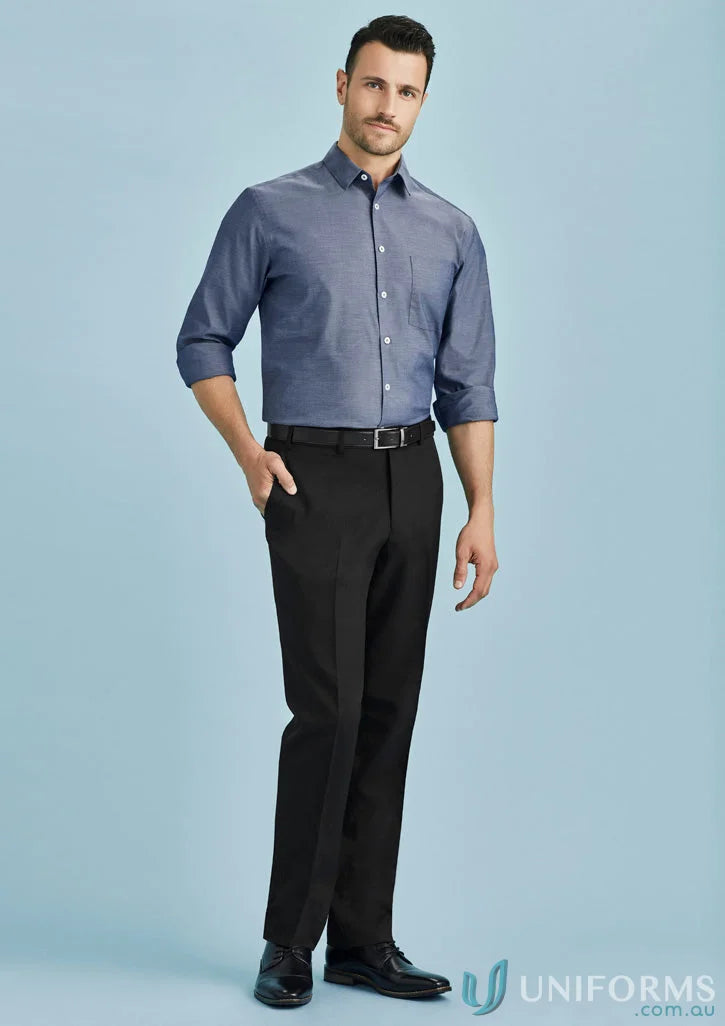 Man in a button-down shirt and Cool Stretch Slimline Pant, the perfect men’s cool stretch look