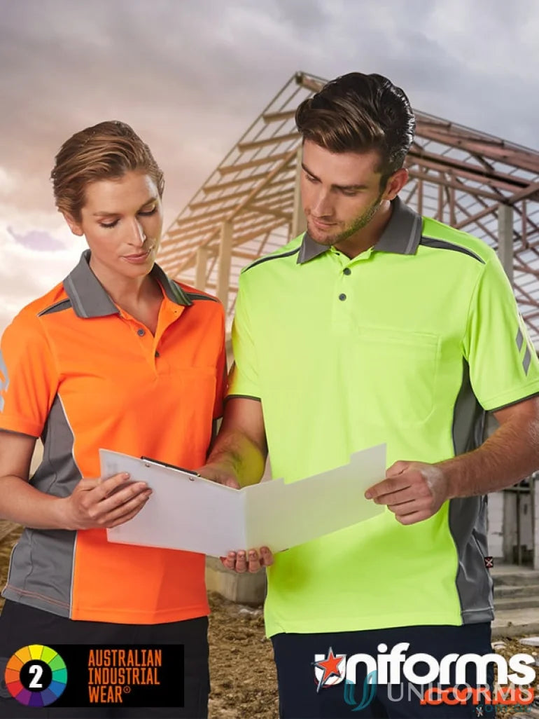 Two people wearing Cooldry Vented Polo shirts, perfect for staying cool and comfy