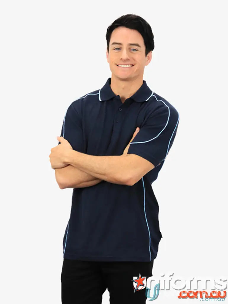 Navy blue Cooldry Waffle Knit Polo with white trim showing moisture management tech