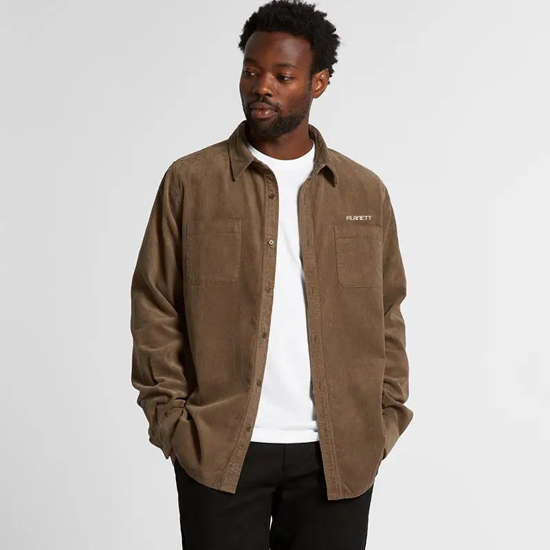 Casual brown corduroy shirt with pocket and logo for uniforms