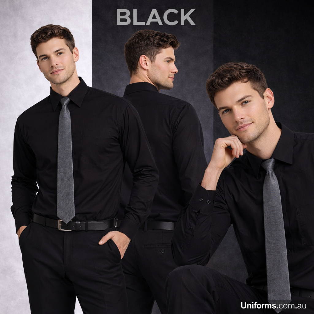 Bs01l mens poplin long sleeve business shirt back view with trousers