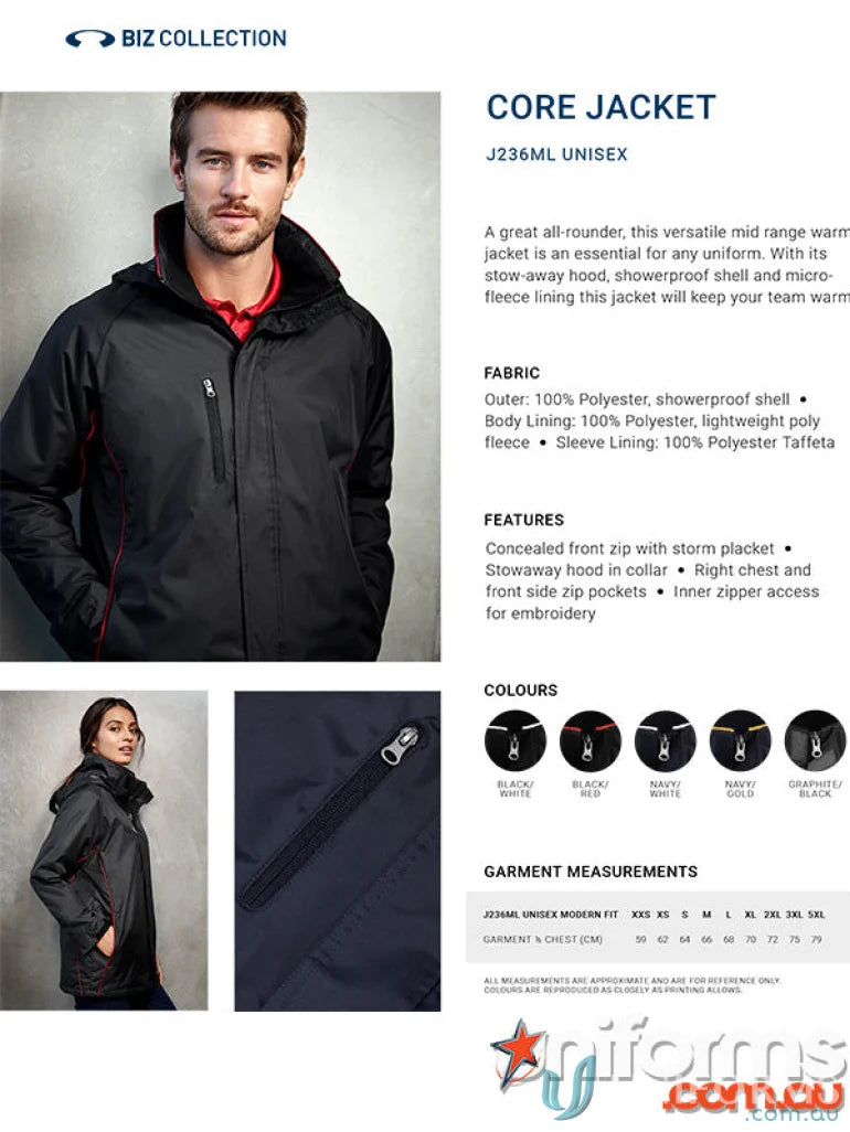 Black Core Jacket J236ML from Biz Collection Unisex with concealed zip and stash hood