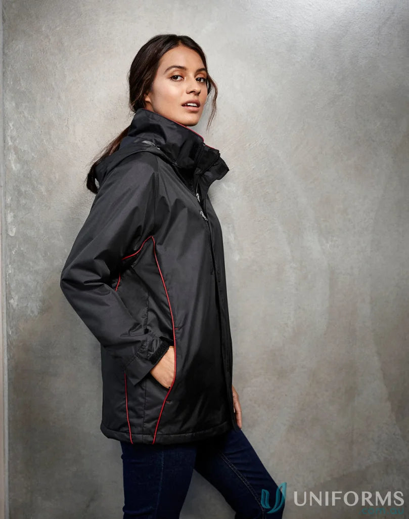 Black hooded Core Jacket J236ML with red piping, front pockets, part of Biz Collection Unisex