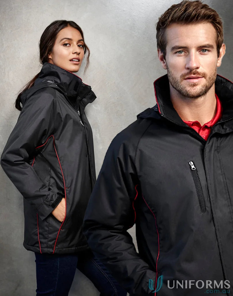 Two people showing off the Core Jacket J236ML from Biz Collection Unisex with red piping