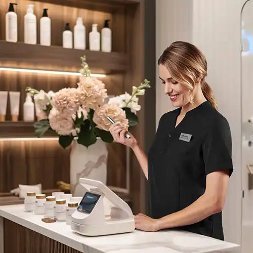 Cosmetic retail shop with woman in black tunic