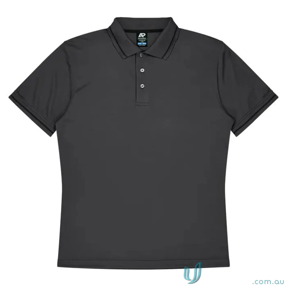 Gray fabric polo shirt with black trim from Cottesloe Kids Polo, perfect for kids