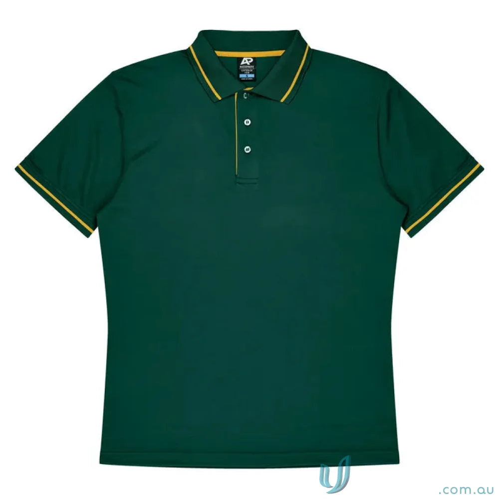 Green polo shirt with yellow trim made from soft fabric, perfect for Cottesloe Kids Polo