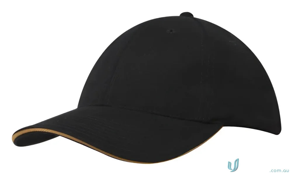 Black baseball cap with tan trim from Cotton Cap with Sandwich Trim, perfect for custom imprinting