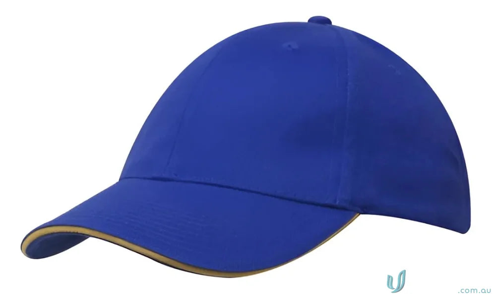 Blue Cotton Cap with Sandwich Trim and tan details, perfect for custom imprint or wide stock range