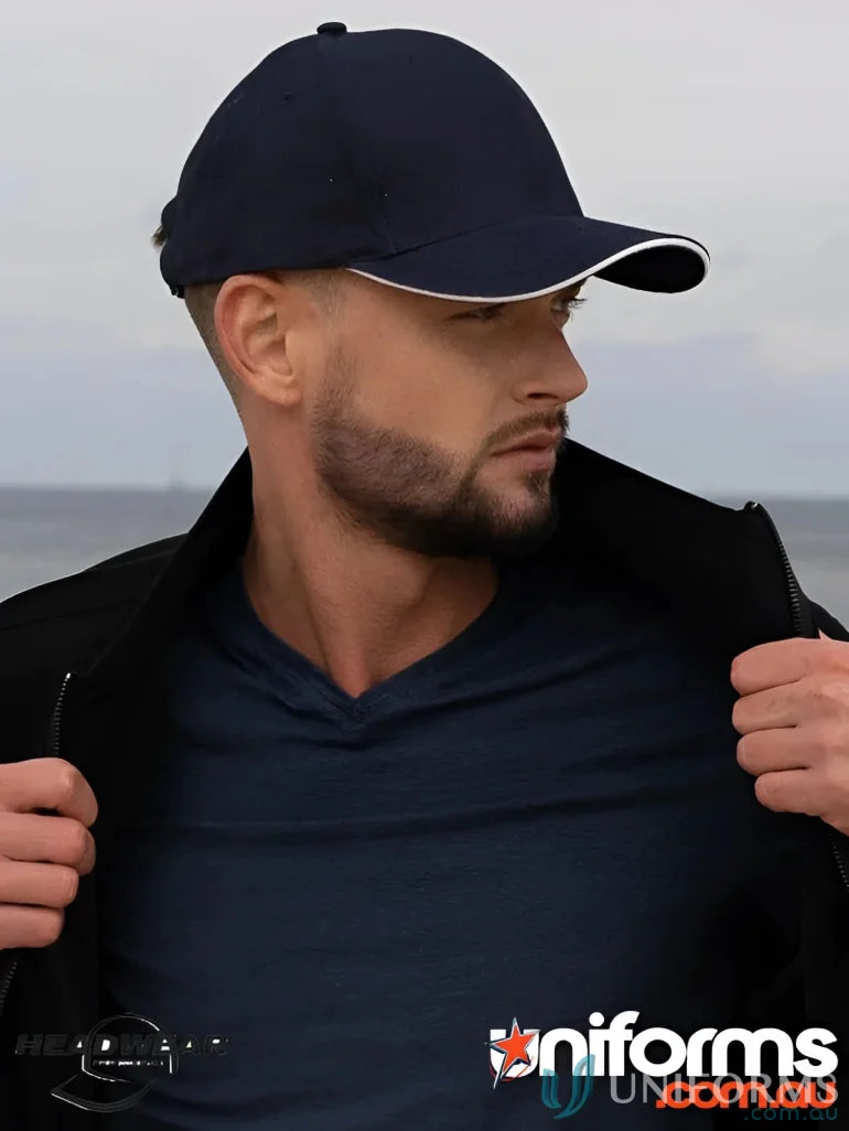 Navy baseball cap with white trim, perfect for custom imprint, wide stock range sale