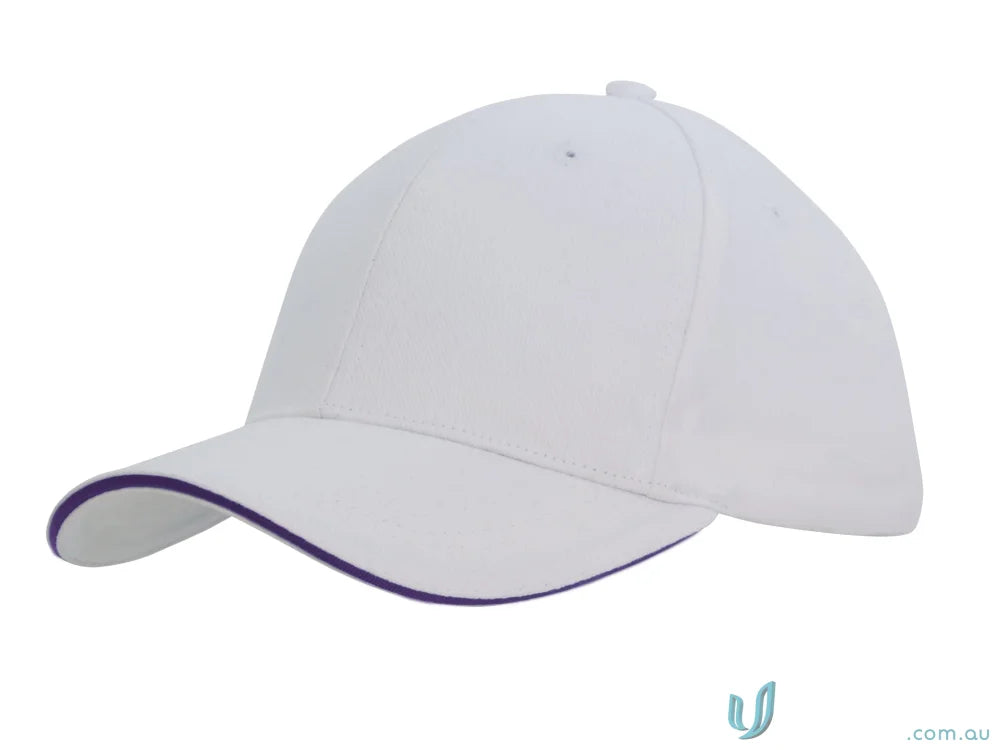 White cotton cap with sandwich trim and purple accents, perfect for custom imprint branding