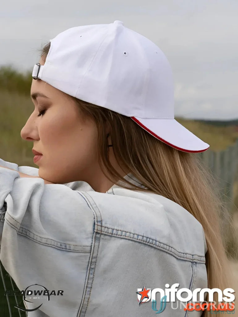 White cotton cap with red trim, perfect for custom imprint, wide stock range, 10 cm inch