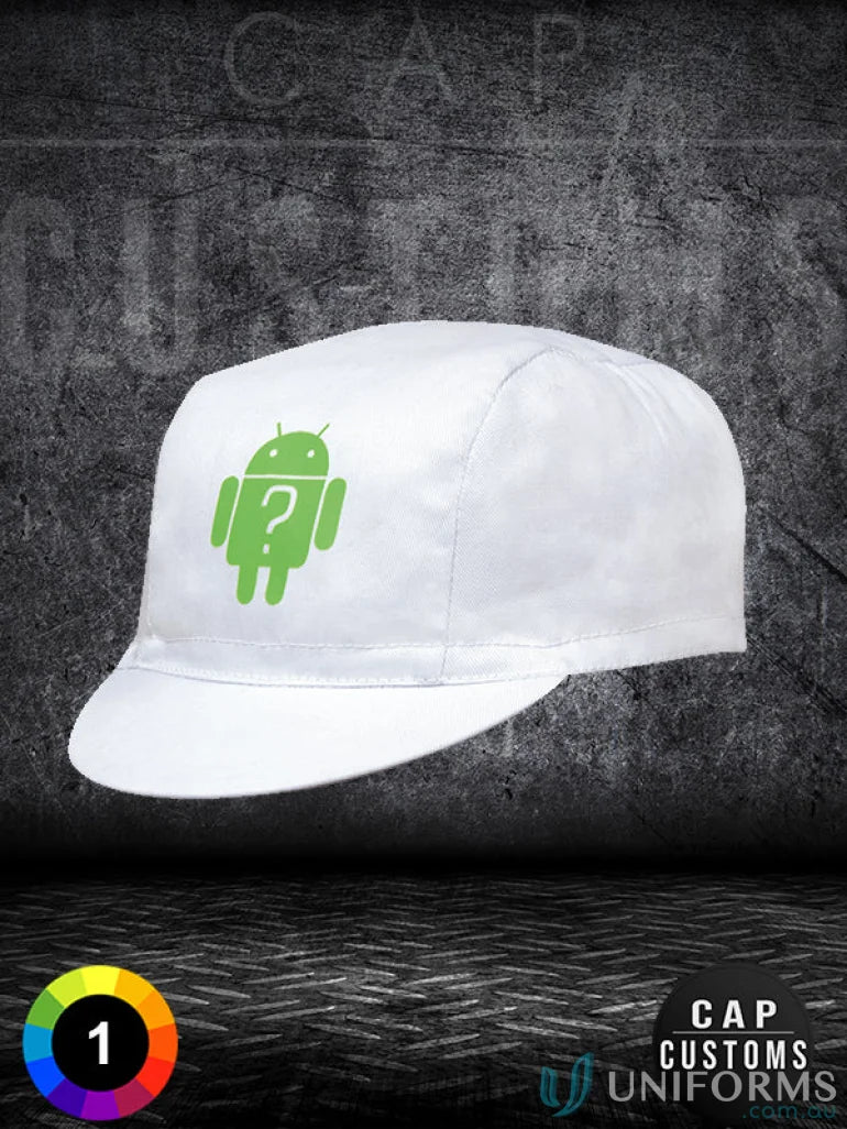 White cotton cycling cap with Android logo and question mark, perfect for cycling faq link